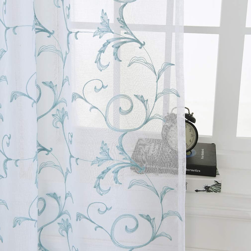 Embroidered Floral Sheer Curtains Blue 63 Inch , Rod Pocket Voile Drapes for Living room, Bedroom, Vintage Embroidery Semi Crinkle Curtain Panels for Yard, Patio, Villa, Parlor, Set of 2, 52"x 63".