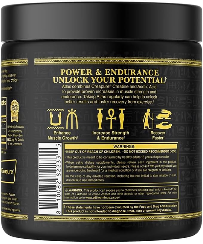 Ambrosia Atlas Performance Creatine Creapure® + Acetic Acid – Explosive Strength & Endurance Support – Muscle Recovery, Fatigue Resistance & Performance Boost Support – 30 Servings