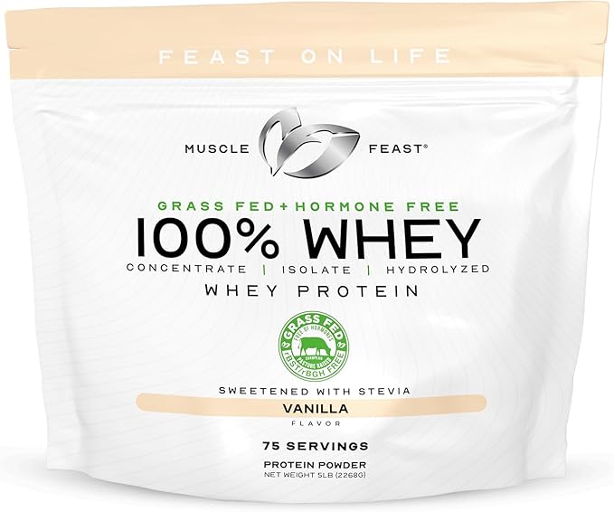 Muscle Feast 100% Grass Fed Whey Protein Powder, All Natural, Hormone Free Paure Raised Whey Protein Powder for Women & Men - Whey Concentrate, Isolate & Hydrolyzed Protein Powder Blend - Vanilla, 5lb