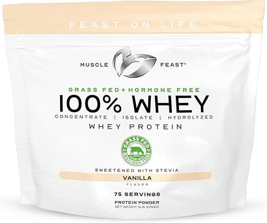 Muscle Feast 100% Grass Fed Whey Protein Powder, All Natural, Hormone Free Paure Raised Whey Protein Powder for Women & Men - Whey Concentrate, Isolate & Hydrolyzed Protein Powder Blend - Vanilla, 5lb