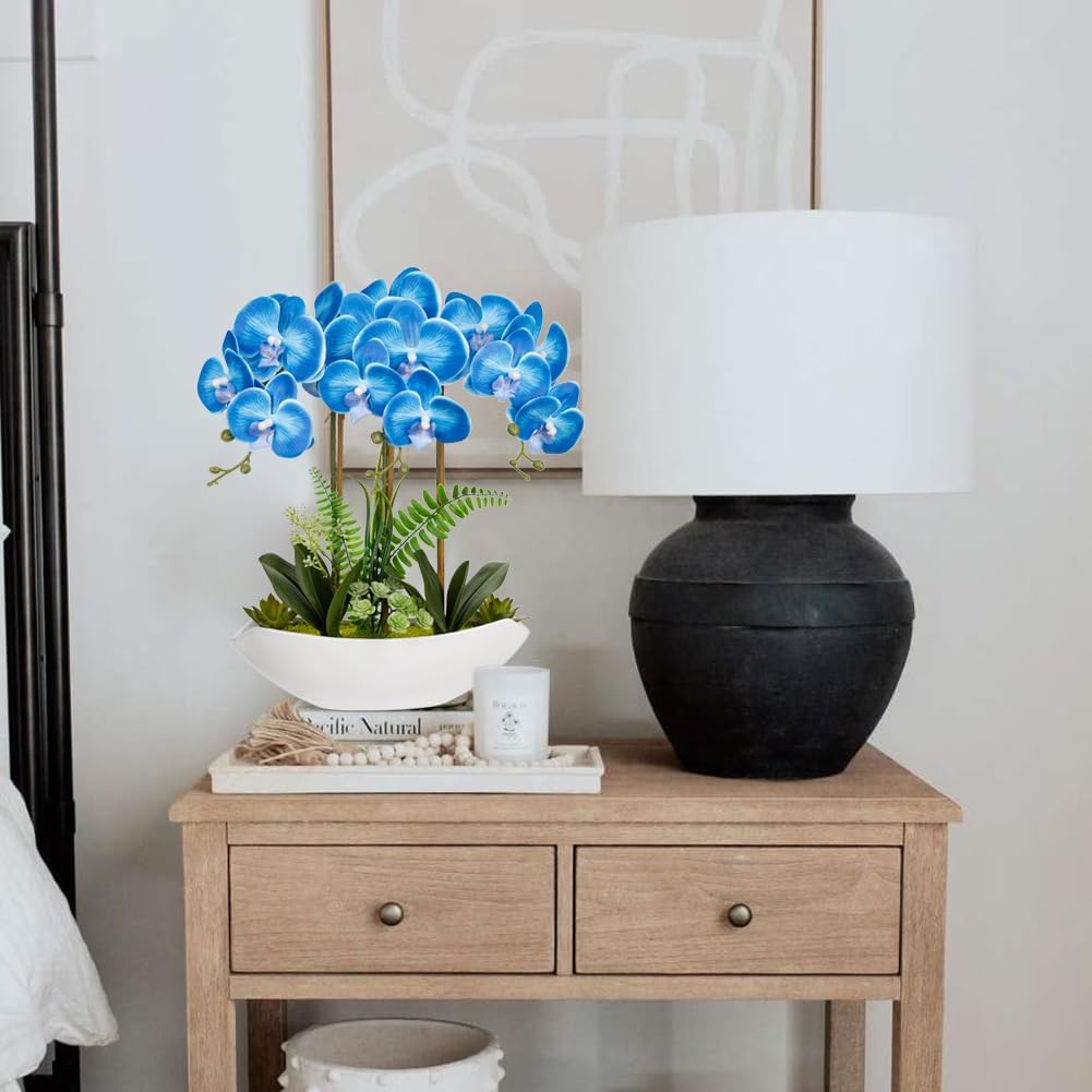 Briful Blue Orchid Artificial Flowers 18in Fake Orchid Silk Flowers with Ceramic Pot Faux Orchid Arrangement for Home Office Room Coffee Table Shelf Modern Decoration
