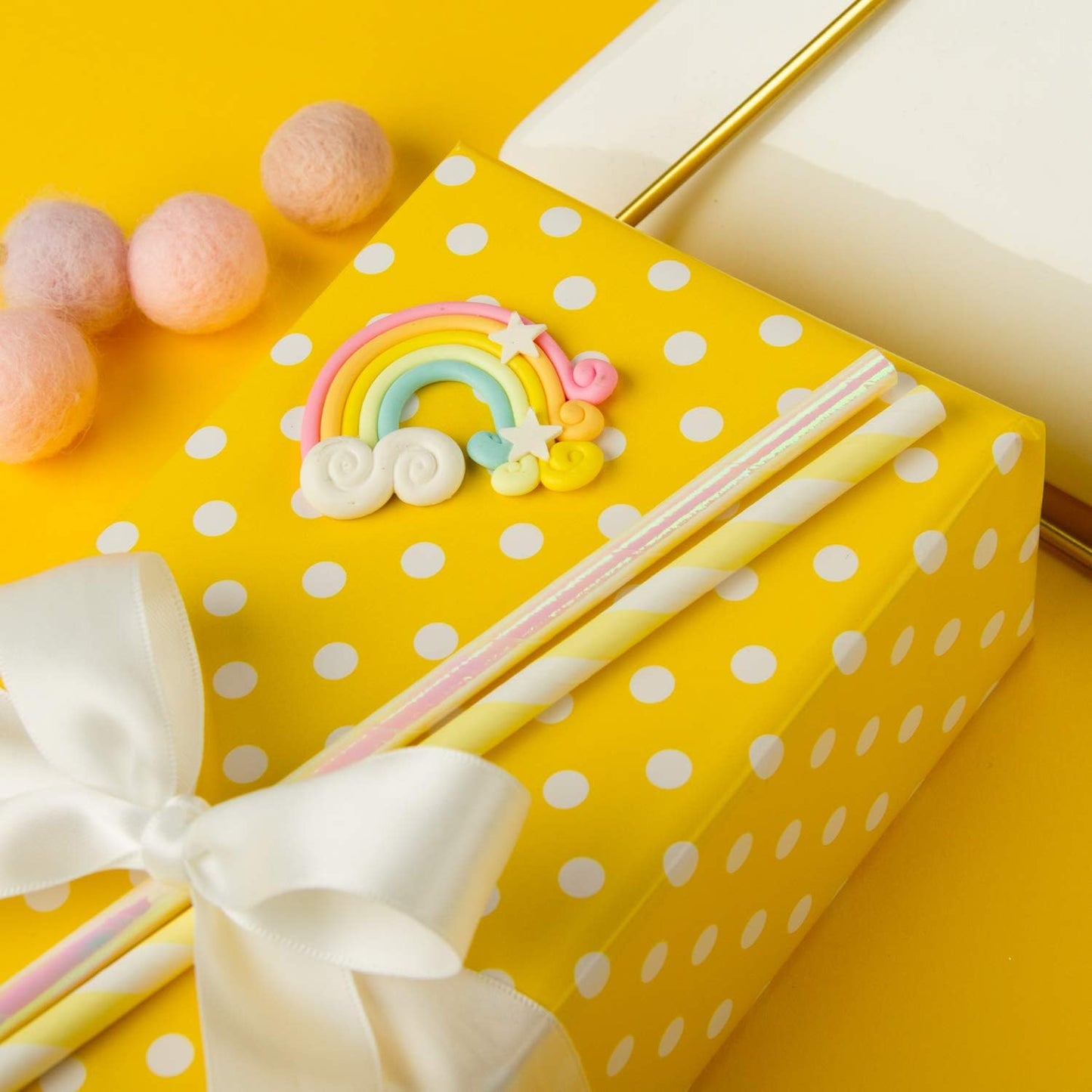 WRAPAHOLIC Reversible Wrapping Paper - Mini Roll - 17 Inch X 33 Feet - Yellow and Polka Dot Design for Birthday, Holiday, Wedding, Baby Shower