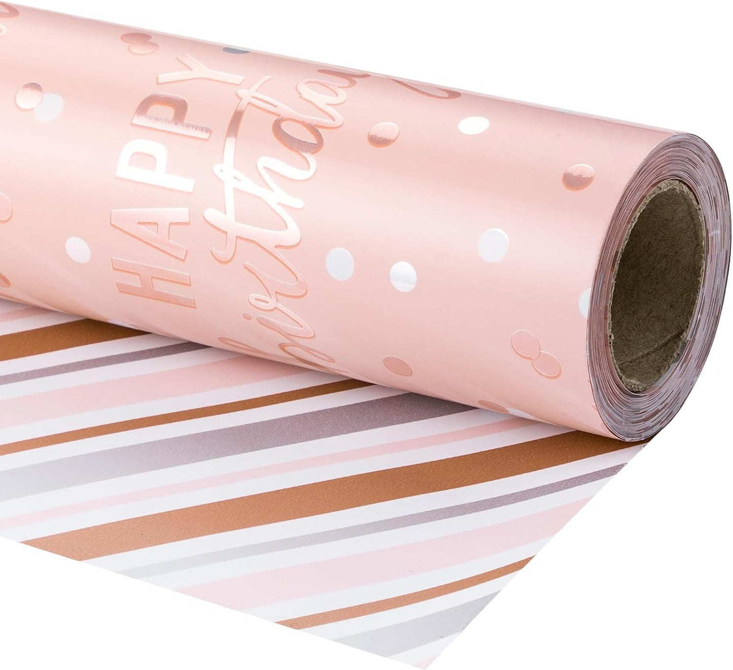 LeZakaa Reversible Pink Birthday Wrapping Paper Roll for Girls Women, Happy Birthday Lettering & Stripe Pattern with Metallic Foil in Pink, Large Roll, 30 inches x 32.8 Feet (92.9 sq.ft.)