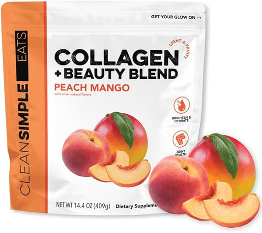 Clean Simple Eats Collagen Powder + Beauty Blend, Peach Mango, 11G Hydrolyzed Collagen Peptides from Grass Fed Bovine & Chicken, Hyaluronic Acid for Hair, Skin, Nail & Joint Support, 30 Servings