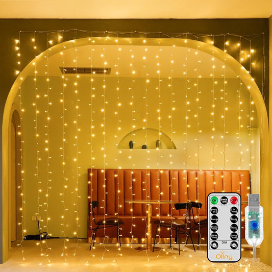Ollny Christmas Curtain Lights 300 LED 9.8 FTx9.8 FT, Outdoor Waterproof Curtain String Lights with Remote Timer 8 Modes, USB Waterfall Window Lights for Wall Backdrop Home Decorations (Warm White)