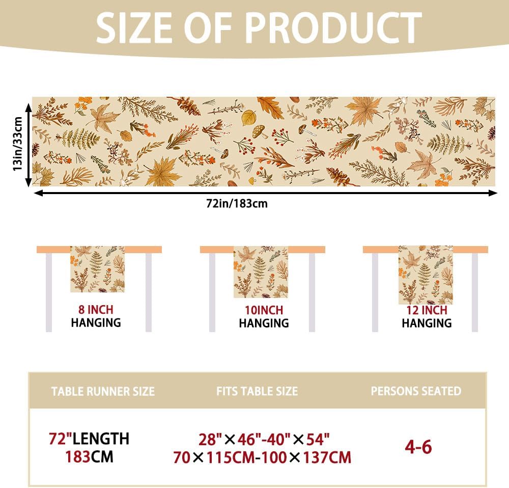 Grey Wildflower Leaves Floral Fall Table Runner, Seasonal Autumn Harvest Thanksgiving Burlap Farmhouse Indoor Outdoor Fall Kitchen Dining Decoration for Home Party 13x72 Inch