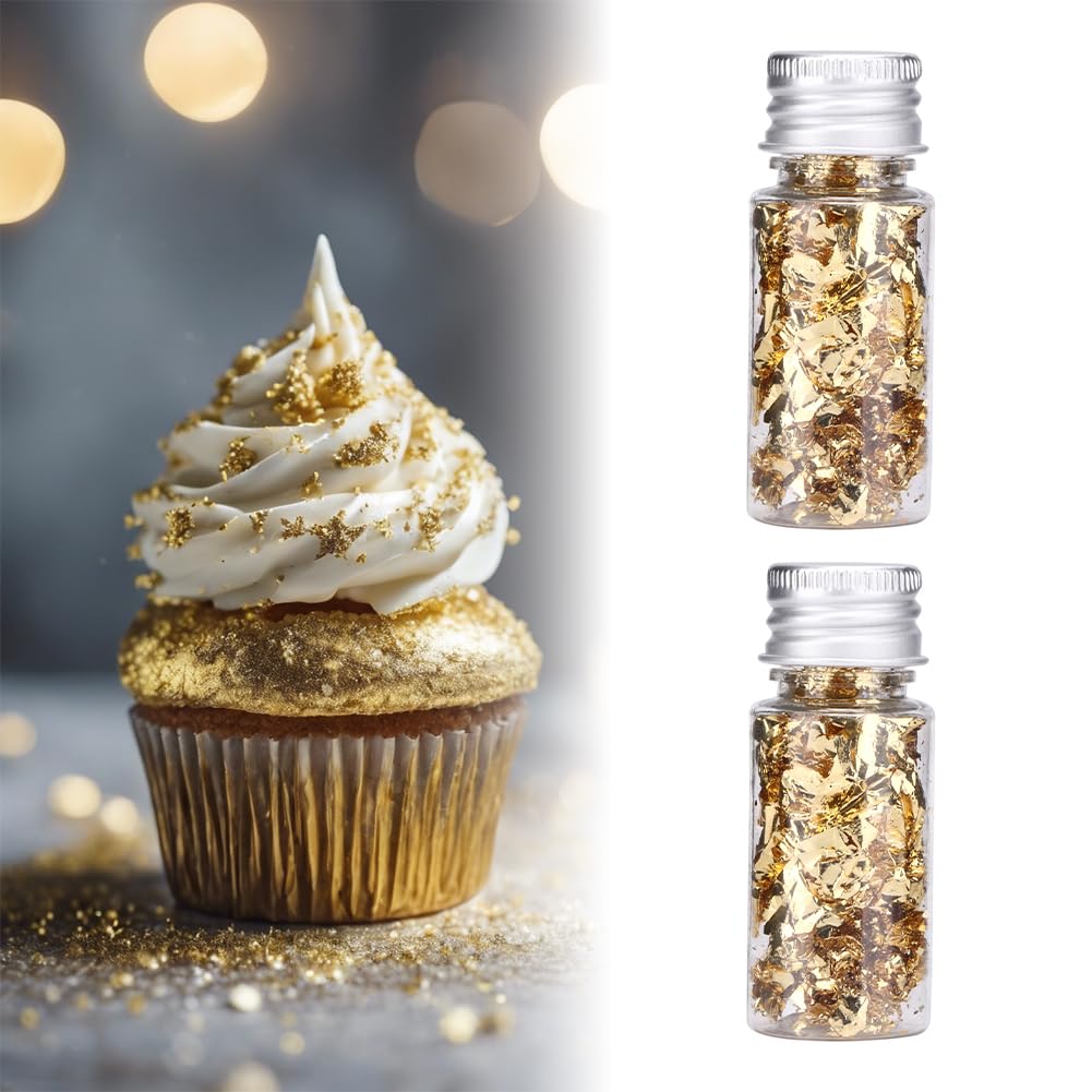Lwuey Decorating Flakes, Gold Leaf Cake Decoration Flake Goldlen Toppers Gilding Foil Decor Imitation Metallic Decorative Drink Cooking Chocolates Cakes Drinks Dessert Cupcake Makeup 2PCS