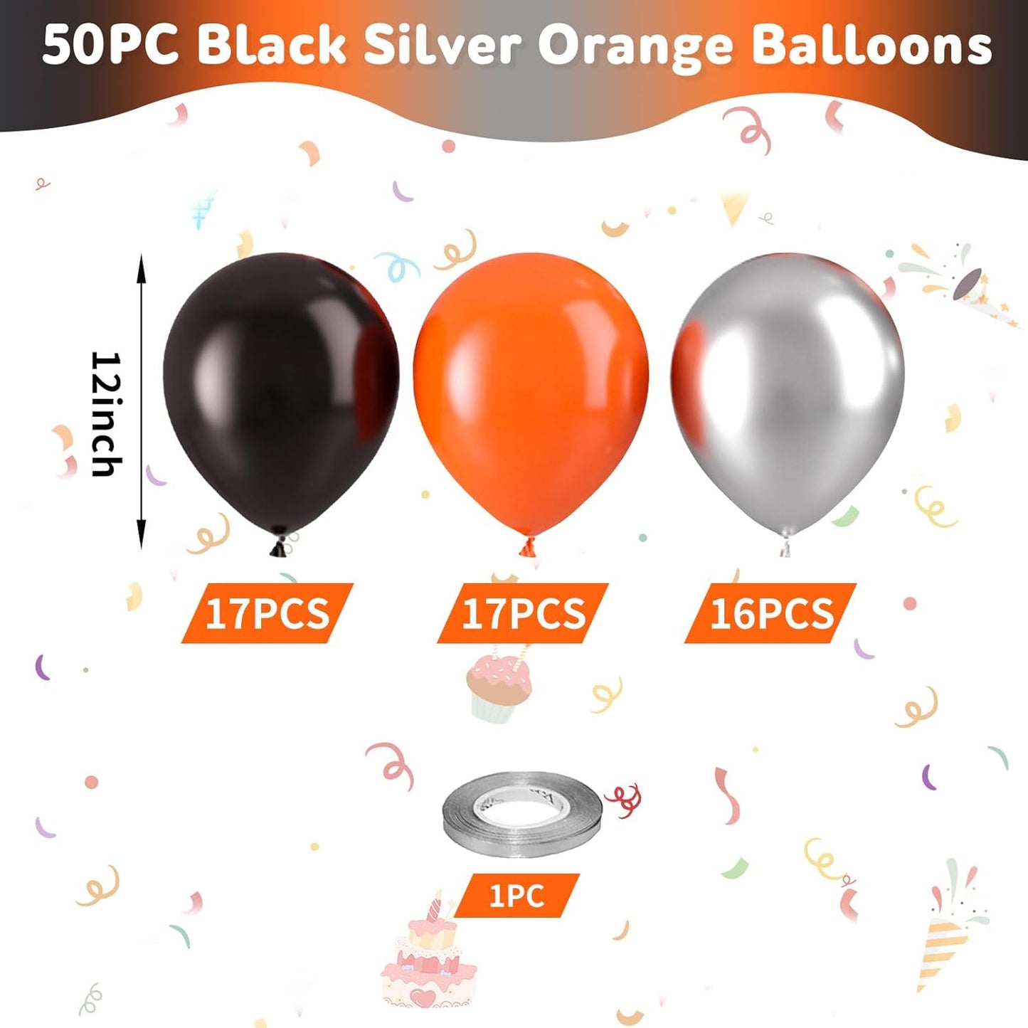 Black Orange Silver Balloons, 50pcs Black Orange Balloons, Metallic Silver Matte Orange Black Balloon for Birthday Boys Man Baby Shower Halloween Basketball Theme Party Wedding Bachelorette Decoration