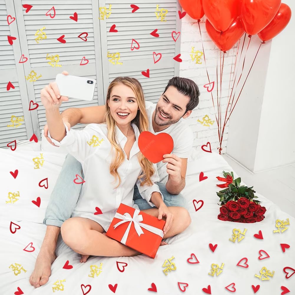 200 Pcs Heart and Love Decorations, Red and Gold Glitter Letter Confetti, Bed Table Scatter Sprinkles for Valentine's Day, Mother's Day, Wedding, Engagement Party Supplies