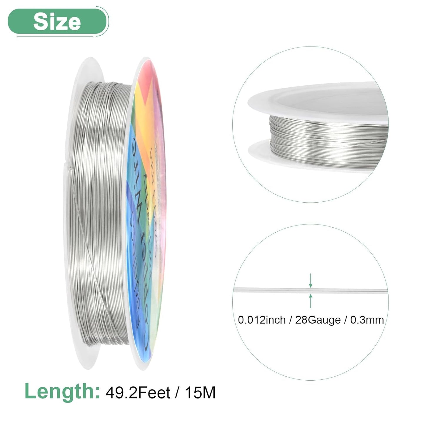 0.3 mm/28 Gauge Copper Wire for Jewelry Making, 49.2FT Copper Beading Craft Wire for Jewelry/Weaving/DIY Crafting/Planting, Color-Retaining [15M, Bright Silver]