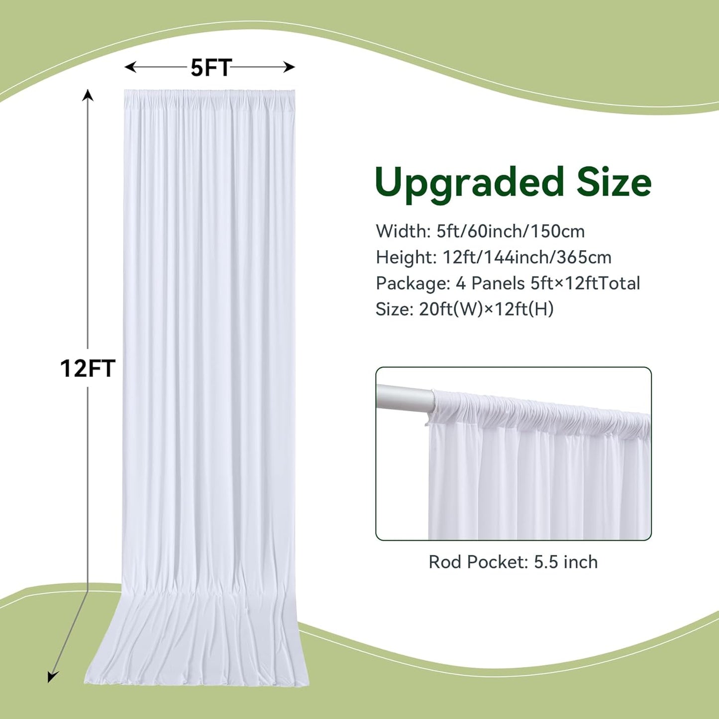 20×12ft White Wrinkle Free Backdrop Curtain for Wedding Parties, 4 Panels 5×12 ft Long Soft Silky Washable Polyester Photo Backdrop Drapes for Birthday Baby Shower Photography Background Cloth