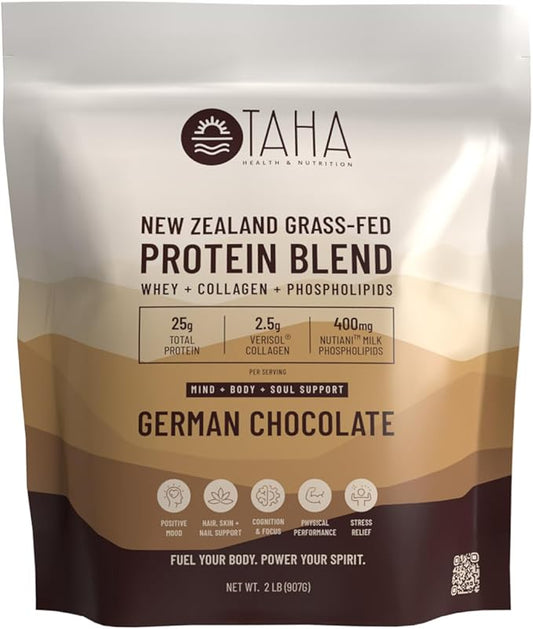 Taha Health & Nutrition Mind + Body Protein Blend – German Chocolate | 25g Protein from Whey & Collagen + 400mg Milk Phospholipids | Grass-Fed, Free-Range New Zealand Dairy | 2LB