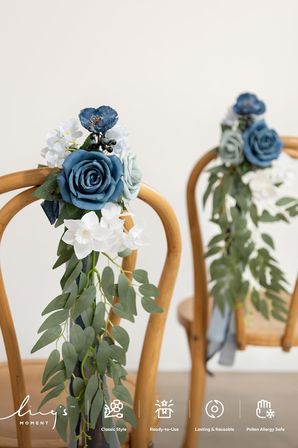 Ling's moment 8pcs Wedding Artificial Aisle Pew Flowers Chair Decorations Arrangements with Chiffon Ribbons Dusty Blue & Navy for Ceremony Chair Back Floral Decor Reception Church Party Outdoor