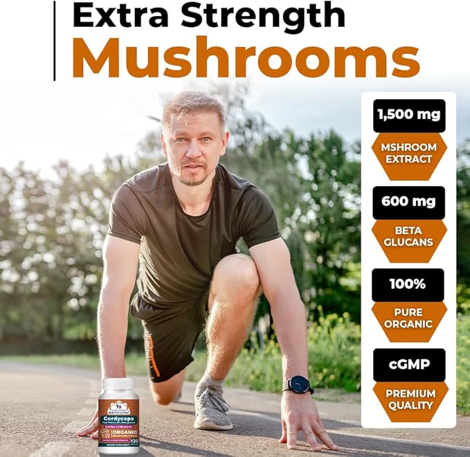 Cancer Sciences Cordyceps Mushroom Supplement Capsules - 1,500mg Organic Mushroom Complex for Wellness, High Potency 40% Beta-Glucans, Immune Support Supplement for Energy & Stamina Booster, 120 Count