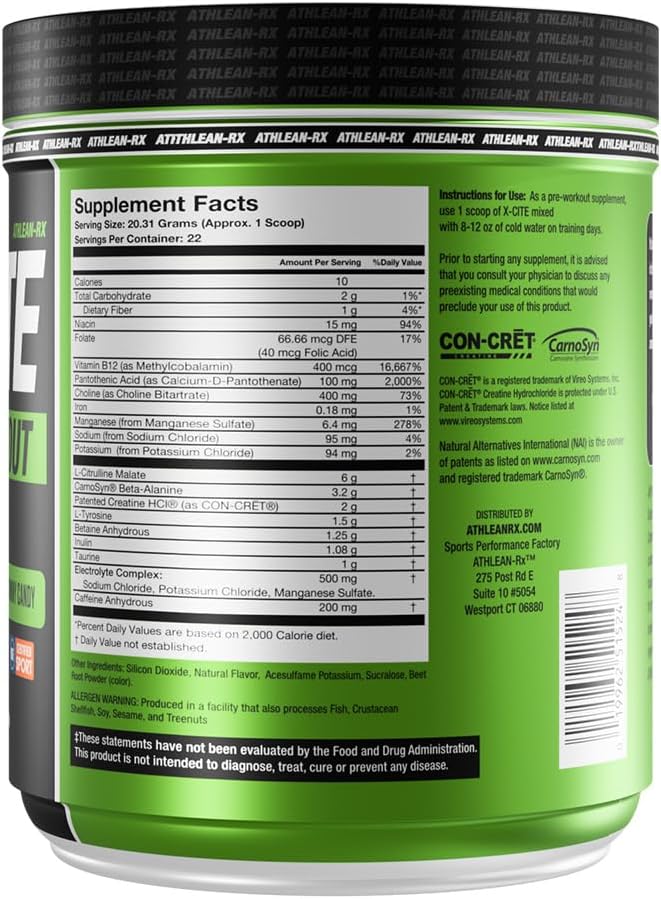 X-CITE Pre-Workout by ATHLEAN-X - Enhanced Formula with Beta-Alanine, Creatine & Caffeine for Ultimate Energy, Endurance, Focus & Muscle Pump, NSF Certified for Sports (22 Servings, Sour Gummy Bear)