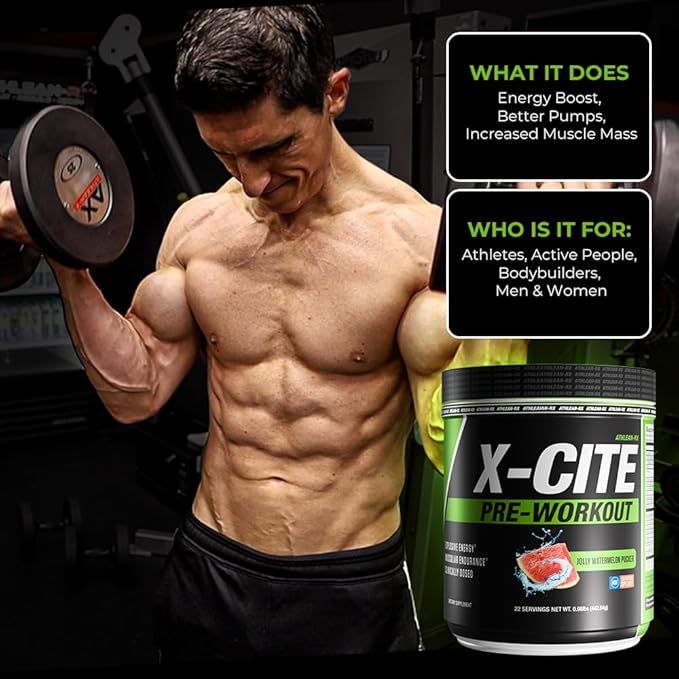 ATHLEAN-X X-CITE Pre-Workout Supplement - Boost Energy, Endurance, and Focus with Natural Ingredients - Jolly Watermelon Pucker