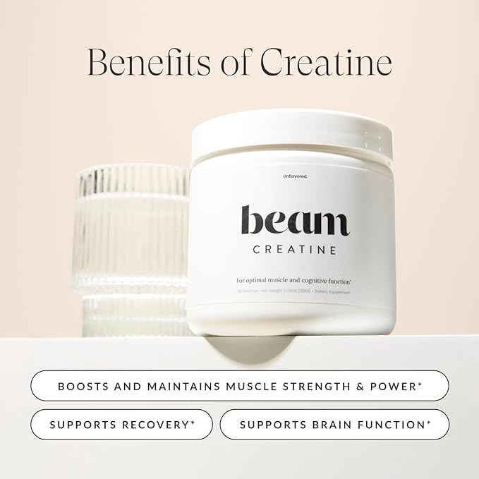 Beam Creatine Monohydrate Powder - Micronized Creatine for Muscle Growth, Strength, Endurance & Recovery - Unflavored, Fast-Dissolving, Workout Supplement for Men & Women, Keto & Vegan - 60 Servings