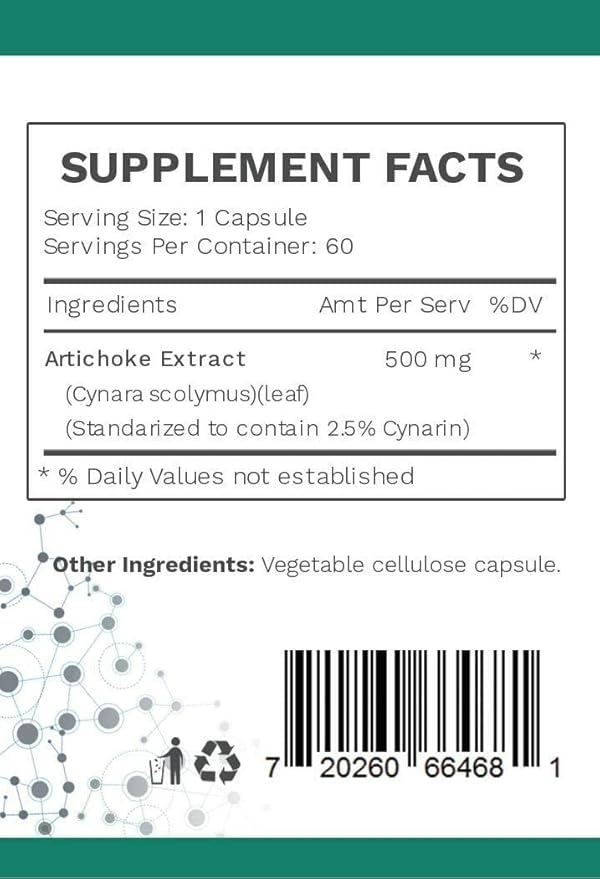 Artichoke Extract Capsules | 7 mg Cynarin Herbal Artichoke Leaf | Liver Support Supplement for Bile Flow, Digestion & Estrogen Metabolism | Vegan, Gluten Free Formula | 60 Capsules
