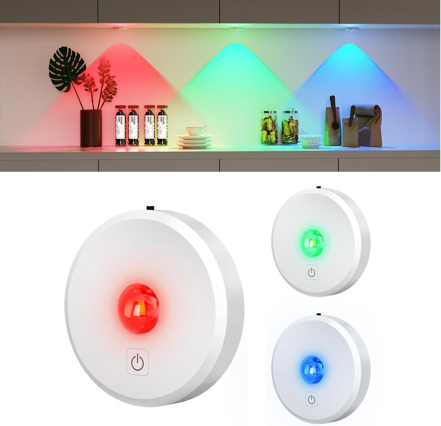 RGB Puck Lights with Remote Control, 2000mAh Rechargeable Stick on Led Lights, 9 Colors & 2 Dynamic, Tap Light with Timing,Under Cabinet Lighting for Closet,Kitchen,Cabinet,Shelf(White, 3 Pack)