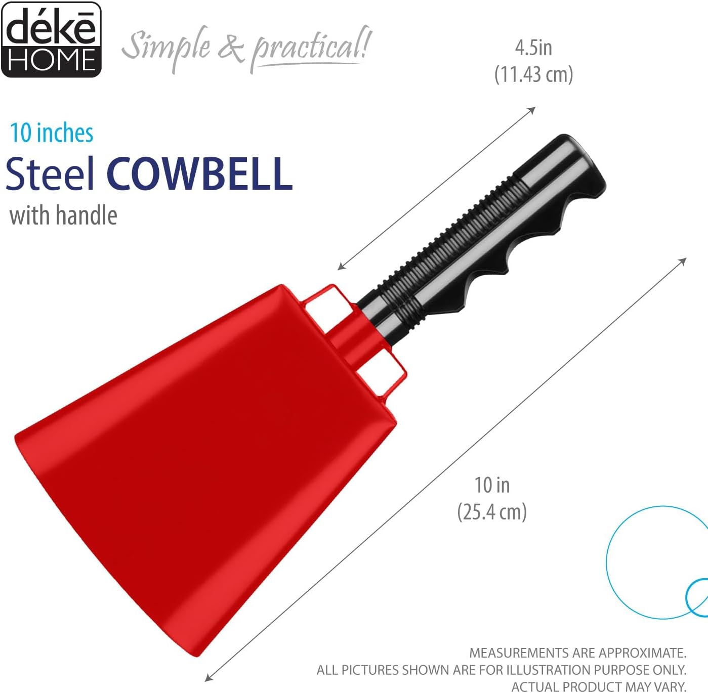 Deke Home - 2 Pack 10 Inch Steel Cowbells with Handle, Loud Noise Makers for Football, Sports, Parties, Competitions, School Spirit & Safety, Large Hand Bell for Cheering & Percussion Instrument