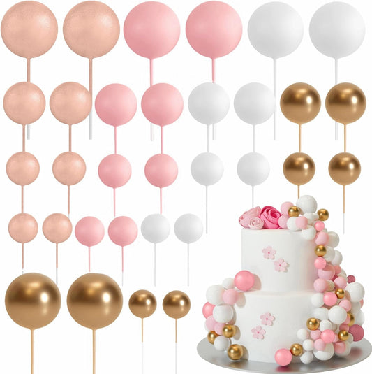 ASTARON 32 Pcs Ball Cake Topper Decorations Mini Balloons Cake Topper Sticks Foam Balls Cake Picks Cake Topper Balls Cake Decorations for Wedding Party Birthday Cake Decorations (Rose gold，Pink)