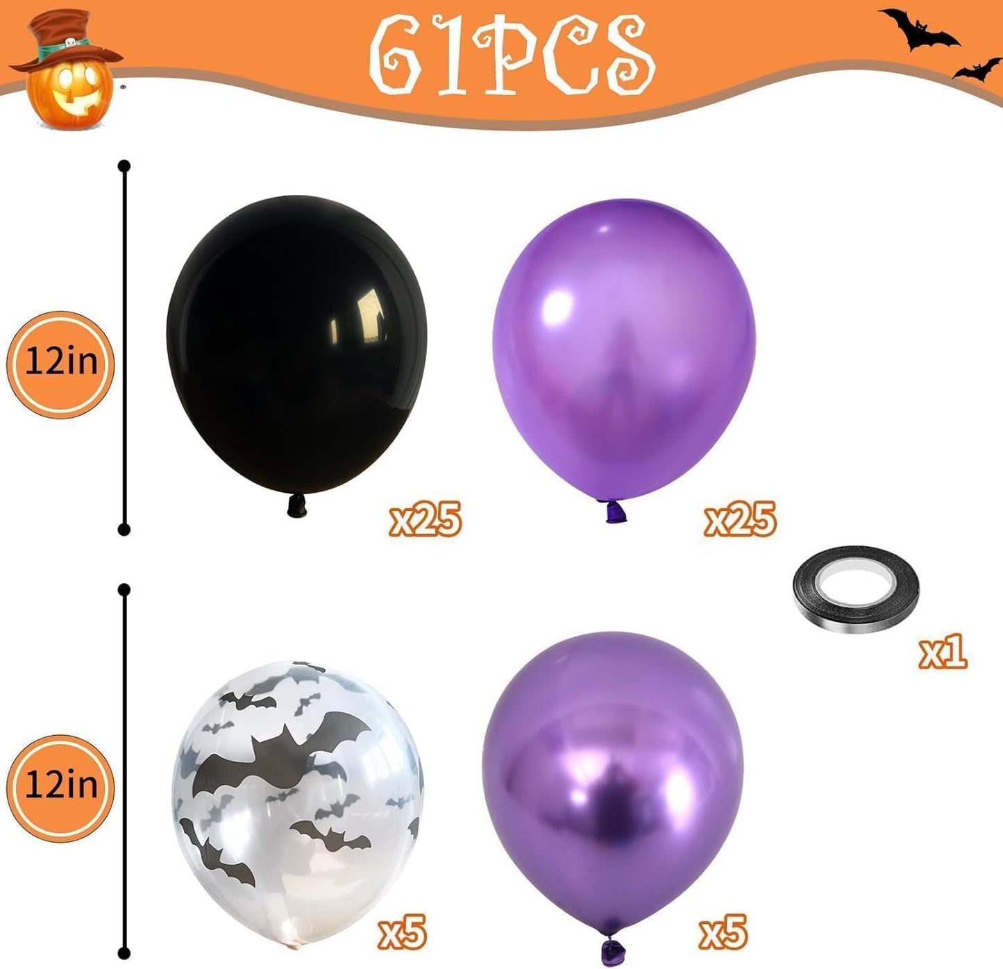 Halloween Balloons, 60PCS Purple and Black Balloons, Metallic Purple and Halloween Bat Printed Clear Balloon, Halloweens Latex Balloon for Boy Girl Birthday Party Decorations Indoor Outdoor
