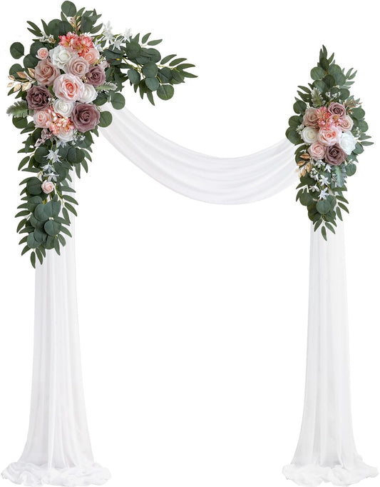 Dusty Rose Artificial Wedding Arch Flowers Kit (Pack of 3) with 26Ft White Shiny Arch Draping Fabric for DIY Wedding Party Ceremony Reception Backdrop Floral Decoration