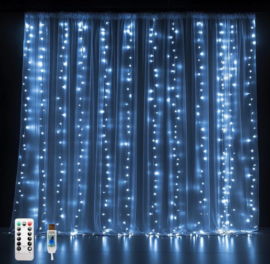 Fairy Curtain Lights, 300 LED Upgraded Tangle-Free Hanging Lights with Remote, USB Plug in String Lights for Bedroom Wall Window Wedding Party Xmas Home Décor - 9.8 x 9.8 Ft, Cool White