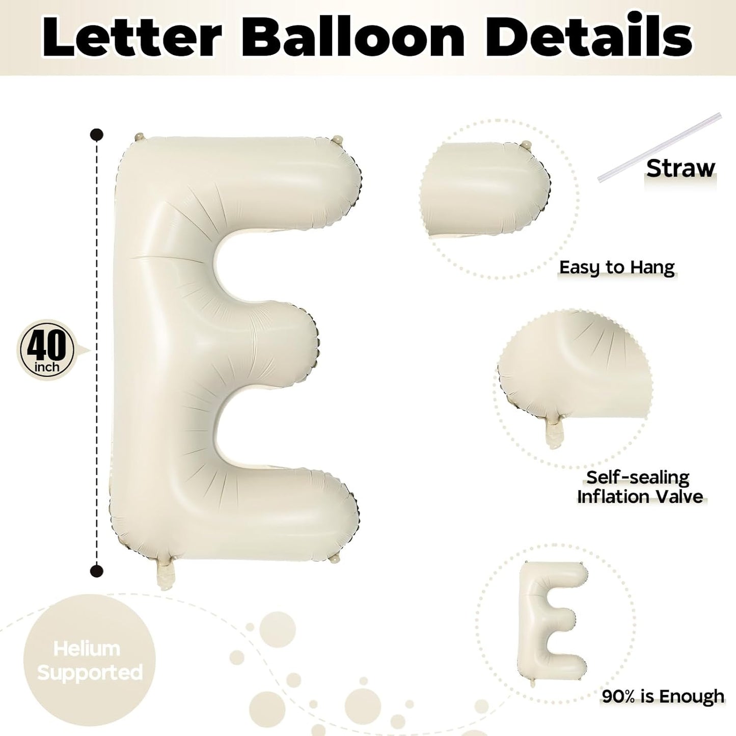 Big Letters Balloon E, 40 Inch Cream White Sand Helium Mylar Alphabet for Customizing Name, Self Inflating Beige Foil Custom Letter for Girls Birthday Party Baby Shower Decoration