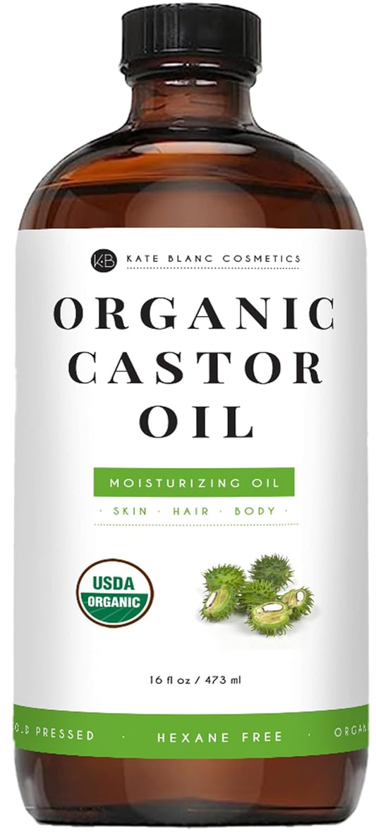 Kate Blanc Cosmetics Castor Oil for Face, Hair & Skin (16oz, Organic, Cold Pressed, Hexane-Free) Moisturizer for Eyelashes, Eyebrows, and Scalp