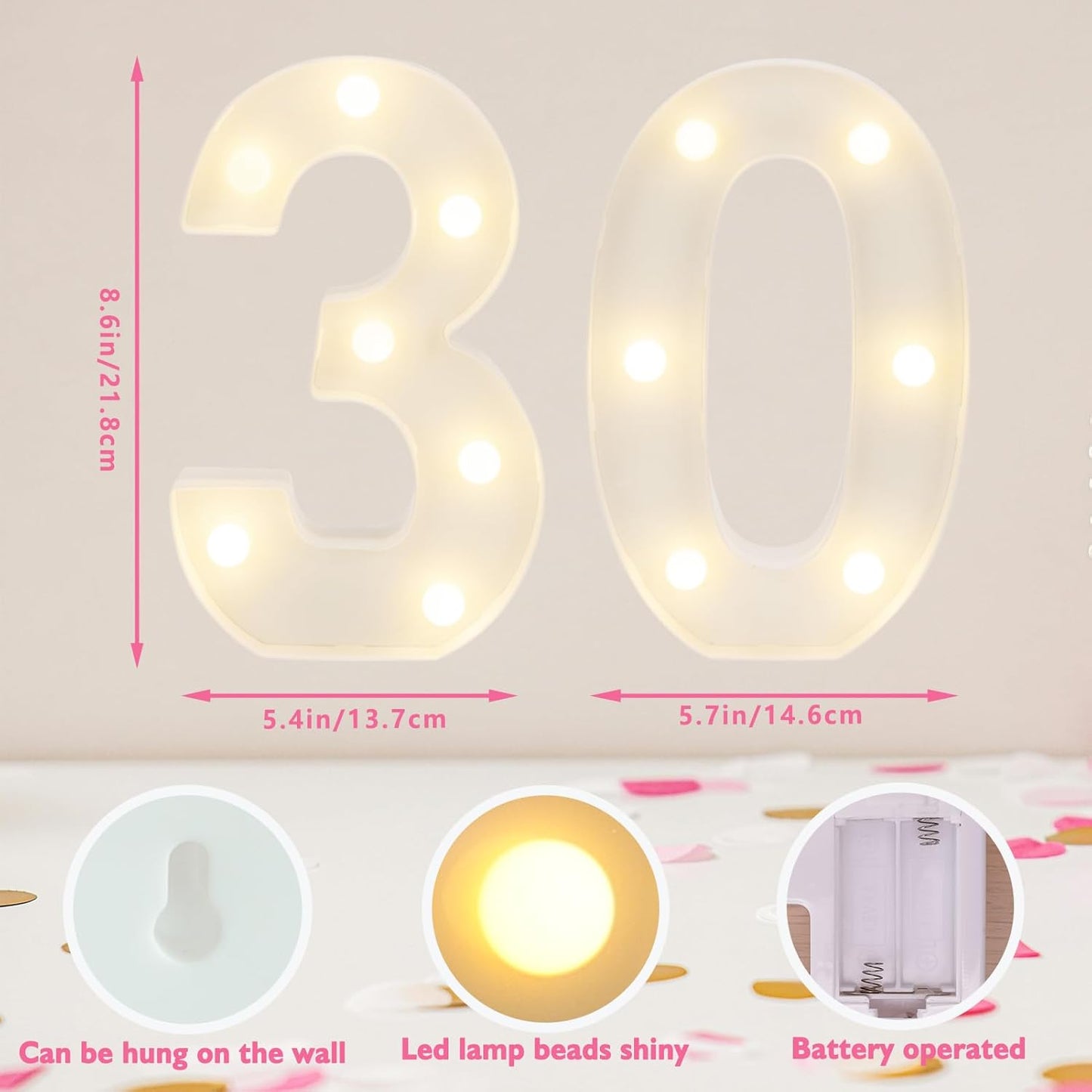 Decorative Led Light Up Numbers, 30th Birthday Decorations, Warm White Led Numbers Lights, Lighted Marquee Number Sign for Sweet 30th Party Decor
