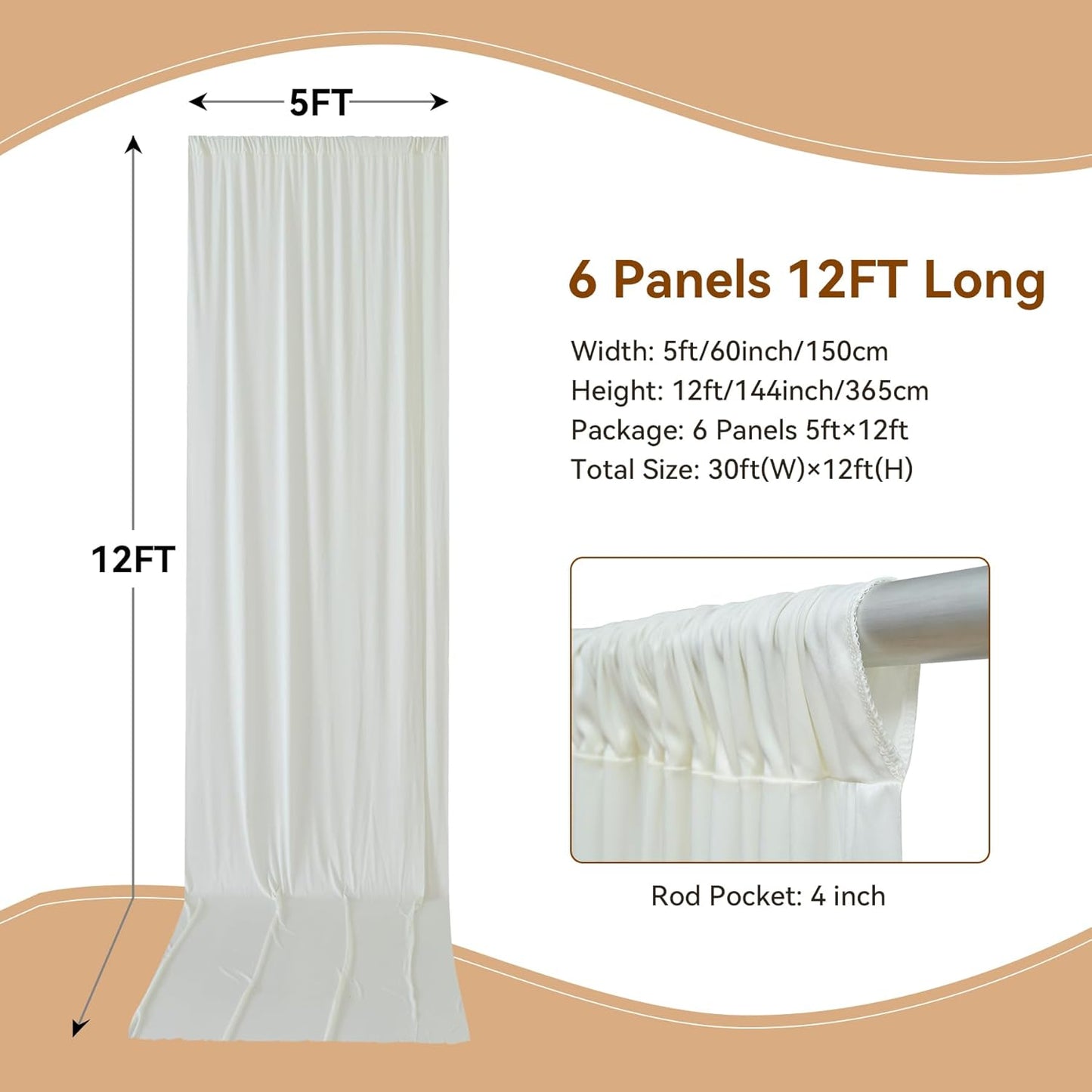 30×12ft Wrinkle Free Ivory Backdrop Curtain for Wedding Parties, 6 Panels 5×12ft Long Soft Silky Polyester Backdrop Drapes Cream Photo Back Drop Curtains for Party Photography Background Cloth