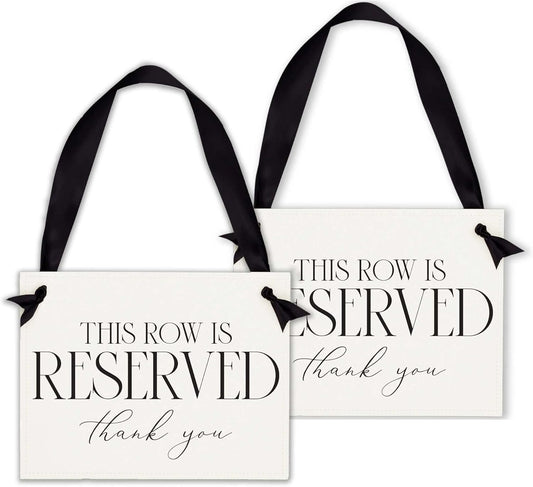 Ritzy Rose Set of 2 Reserved Row Sign for Wedding Ceremony Chairs or Events - Thick Paper Banner for Seating - White Linen Cardstock with Black Font and Black Satin Ribbon - 11x8.5 inches