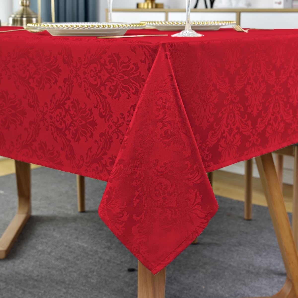 SASTYBALE Rectangle Jacquard Tablecloth, Damask Table Cloth SpillProof Wrinkle Resistant Tablecloths, Soft Polyester Oblong Table Cover for Kitchen, Dinner, Parties (Red, 60X102)