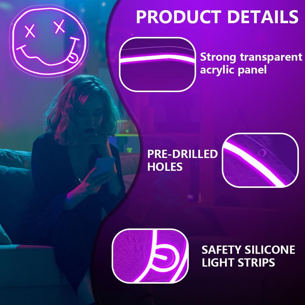 Smiley Face Neon Sign,Melting Smile Face LED Light Signs for Backdrop,Purple Wall Art Decor for Bar Bedroom Kids Room Party Decorations,Gift for Kids Teens Women USB Powered（11.8"*10.8"）