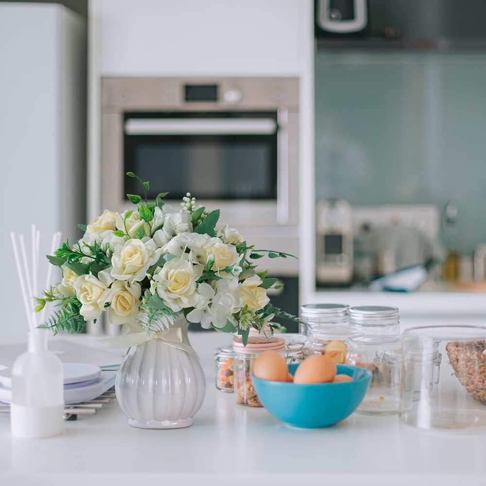 LESING Artificial Rose Silk Hydrangea Flowers Bouquets with Vase Rustic Fake Flowers for Home Decoration Table Centerpiece (White)