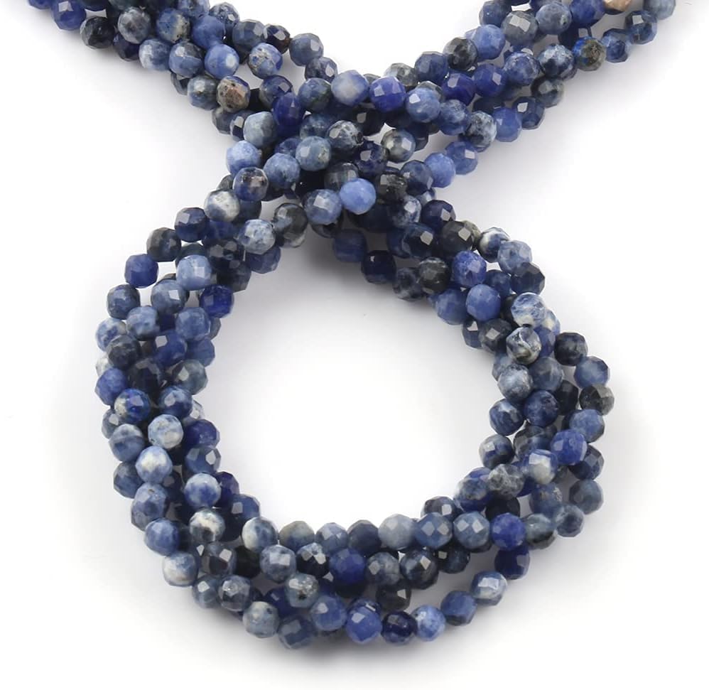 Song Xi 90pcs 4mm Natural Old Blue Sodalite Gemstone Beads Faceted Round Loose Stone Beads for Jewelry Making