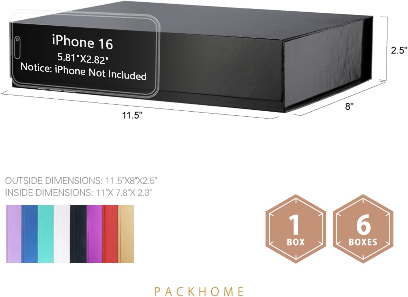 PACKHOME Gift Box 11.5x8x2.5 Inches, Sturdy Shirt Box with Magnetic Lid for Multiple Occasions (Glossy Black)