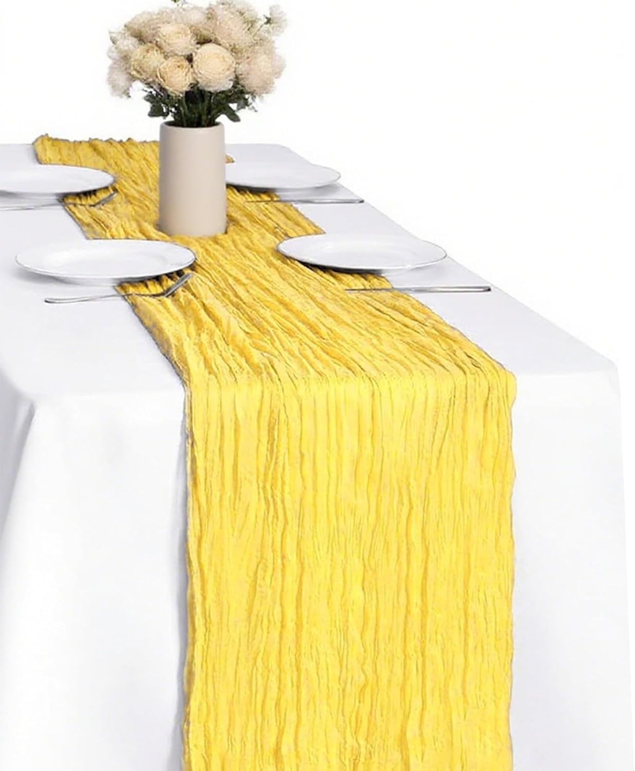 Yellow Cheesecloth Table Runner -21*120Inch Long Boho Wedding Table Decor, Rustic Gauze Fabric Runner for Bridal Showers, Baby Showers & Parties (Sheer, Lightweight, Wrinkled Design)