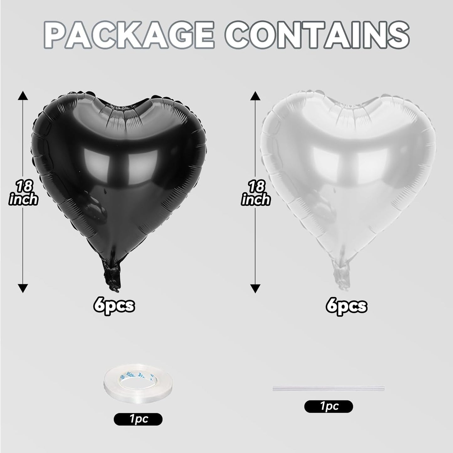 12 Pcs Heart Balloons, 18 inch Black Silver Heart Shaped Balloon, Big Helium Foil Black Silver Balloons for Wedding Baby Shower Anniversary Backdrop Valentine Party Decoration