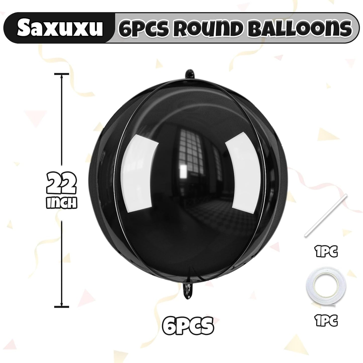 Giant 4D Foil Balloons, 6Pcs Large Metallic Black Round Balloons, 22 Inch Big Round Foil Balloon for Black Birthday Party Baby Shower Wedding Decorations