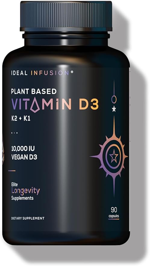 Vegan Vitamin D3 10,000 iu with K2 + K1: 100% Plant Based Vitamin D3 with Coconut MCT Powder, Bone Health, Immune Support (90 Servings) Oil-Free Formula