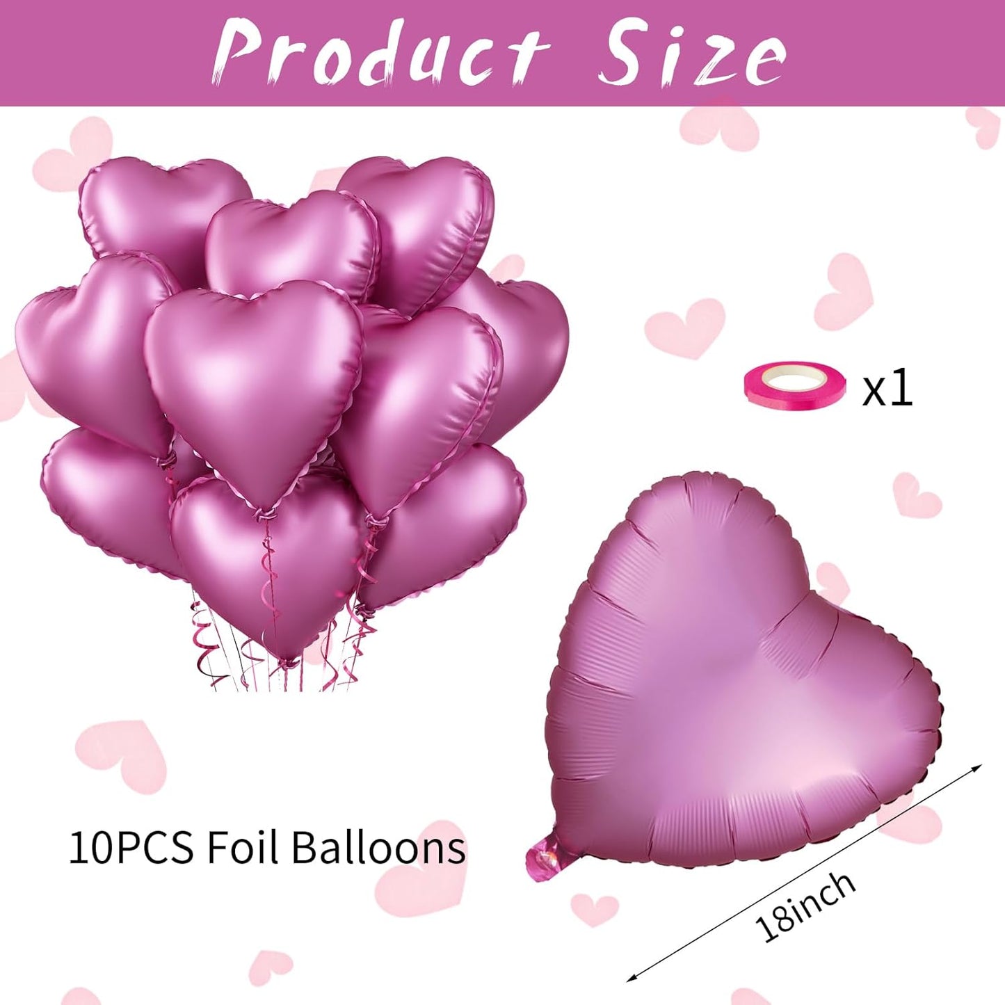 Biapian Pink Foil Heart Balloons, 10PCS Pink Heart Shape Balloons Valentines Balloons, 18inch Pink Foil Balloon for Helium Birthday Decorations for Girls Women for Valentines Day, Wedding, Baby Shower