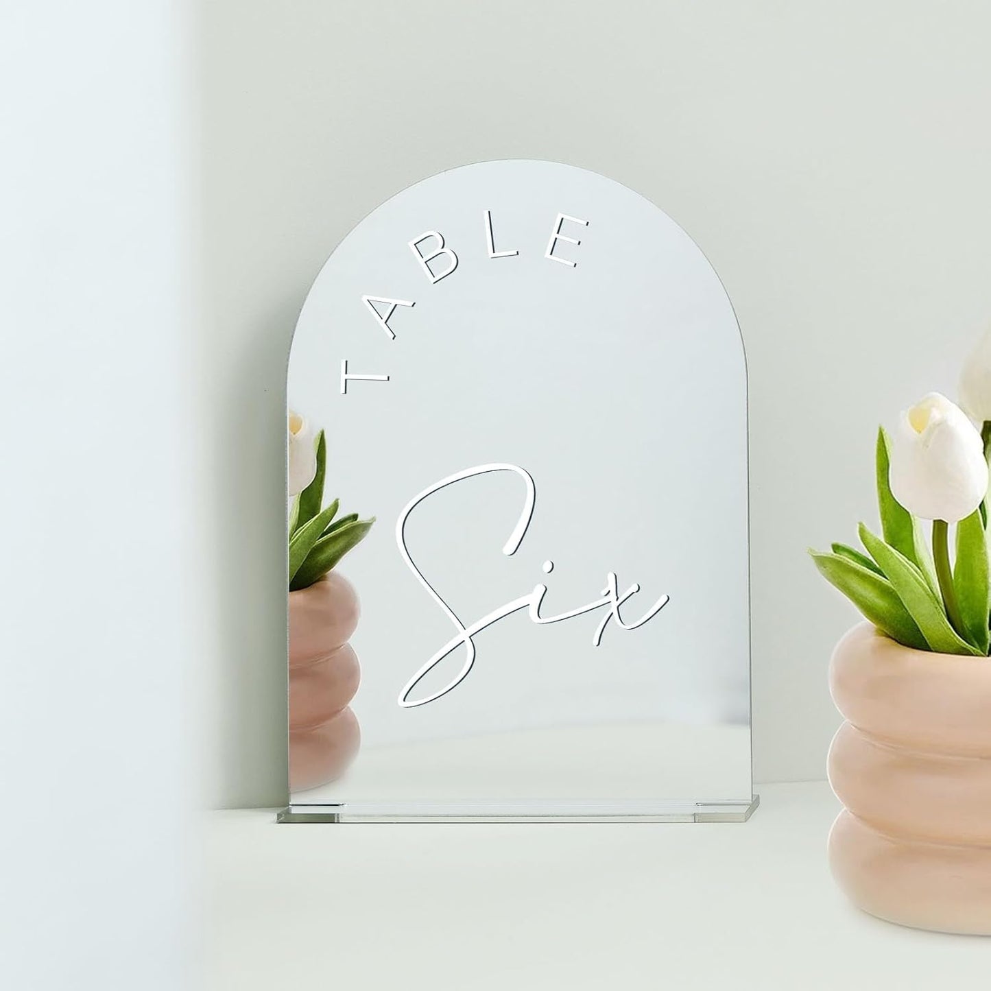 JINMURY Sliver Arch Wedding Table Numbers 1-10 with Stands, 5x7 Inch Acrylic Arch Sign with White Lettering, Sliver Mirror Acrylic Table Numbers for Wedding Reception