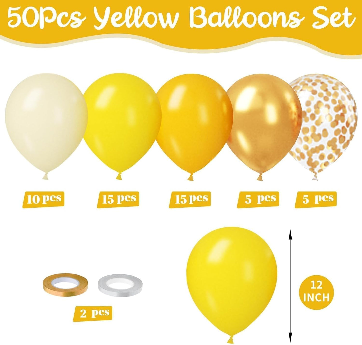 Paready Yellow and Gold Balloon Set - 50Pcs 12 Inch Metallic Gold Confetti and Light Lemon Latex Balloons for Baby Shower, Bee Party, Sunflower Fall Birthday Decorations
