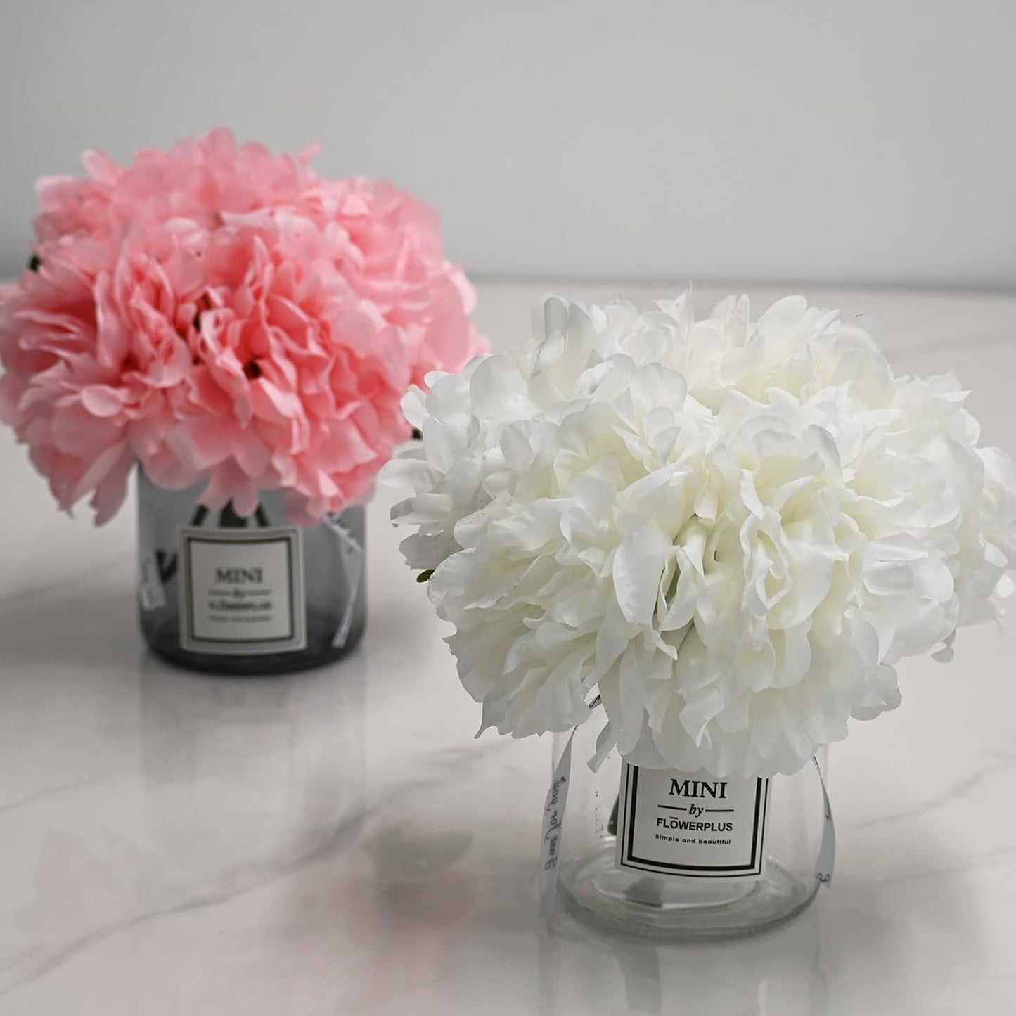 LADADA Artificial White Peony and Glass vase Decoration, Glass Bottle Set,Suitable for Living Room, Dining Table, Wedding, and Other Home Decoration