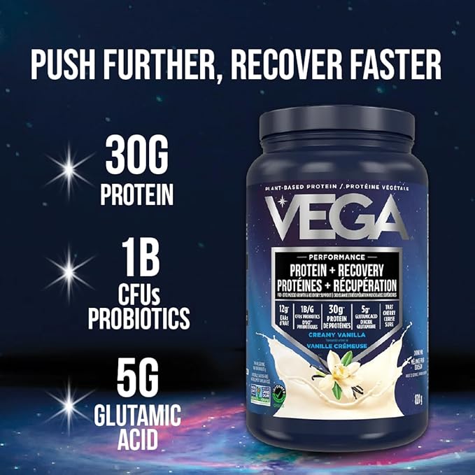 Vega Sport Vegan Protein Powder + Recovery - 30g Plant Based Protein per Serving, Berry, 19 Servings, 5g BCAAs, Probiotics, NSF Certified, For Shakes & Smoothies, 1.8lbs (Packaging May Vary)