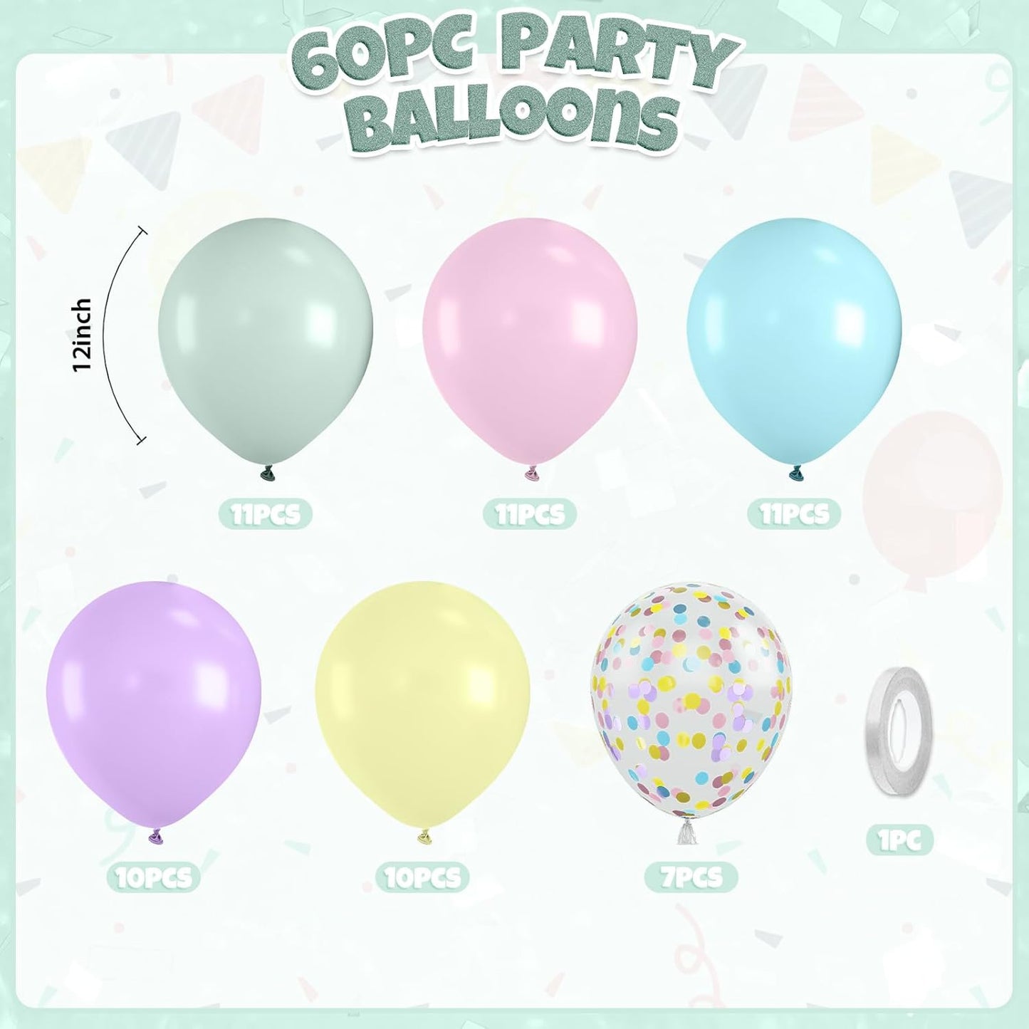 Pastel Balloons, 60pcs Pastel Color Balloons, Macaron Green Pink Purple Teal Blue Balloon, Colorful Confetti Balloon For Girls Women Lady Birthday Baby Shower Party Wedding Bridal Shower Bachelorette