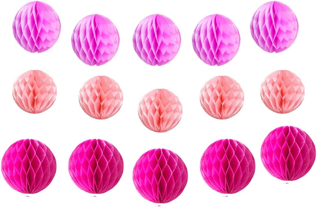 15pcs Honeycomb Decorations - 4'' 6'' 8'' Party Tissue Pink Honeycomb Flower Ball Hanging Flower Balls for Baby Shower Birthday Wedding Nursery Decor (4'' 6'' 8'' Pink Kit)