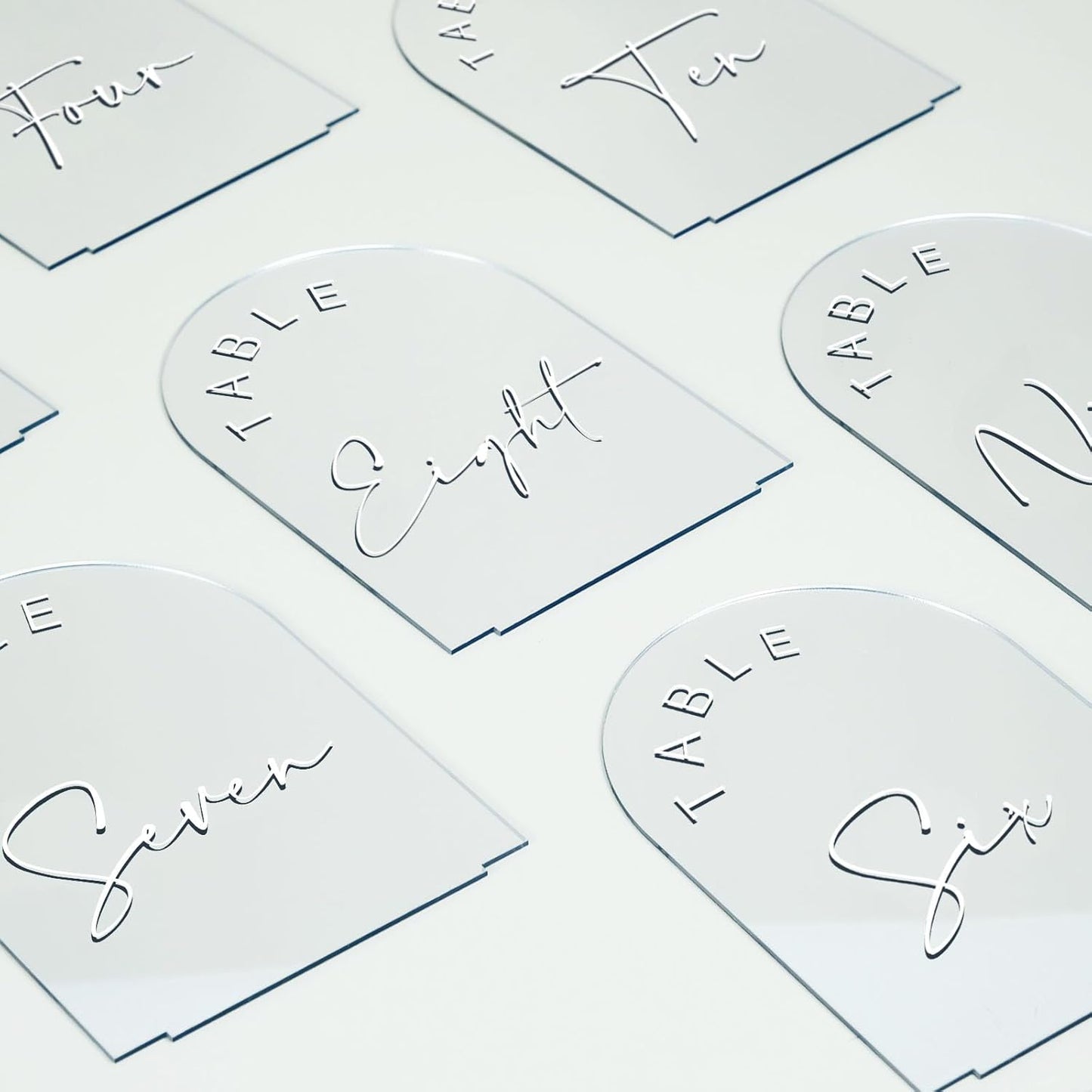 JINMURY Sliver Arch Wedding Table Numbers 1-10 with Stands, 5x7 Inch Acrylic Arch Sign with White Lettering, Sliver Mirror Acrylic Table Numbers for Wedding Reception